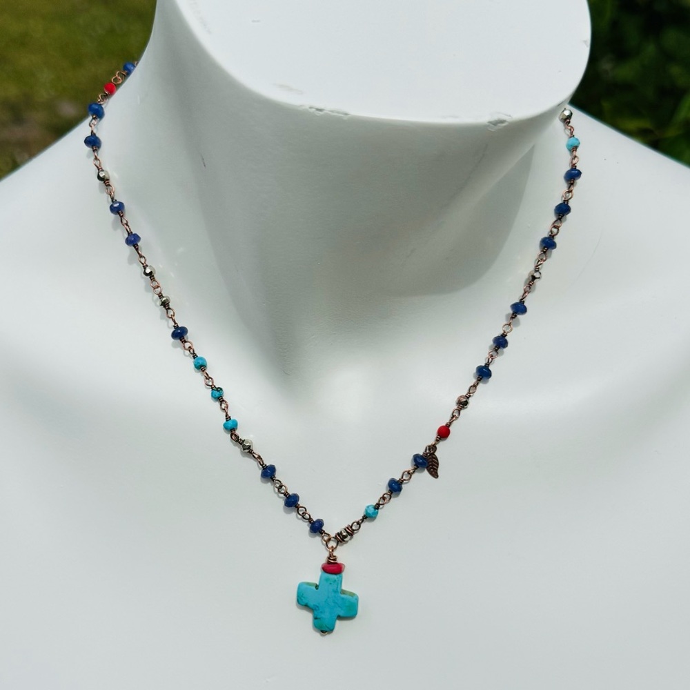 Dolce Le Leti Signed Boho Turquoise cross with lapis coral and turquoise beads.